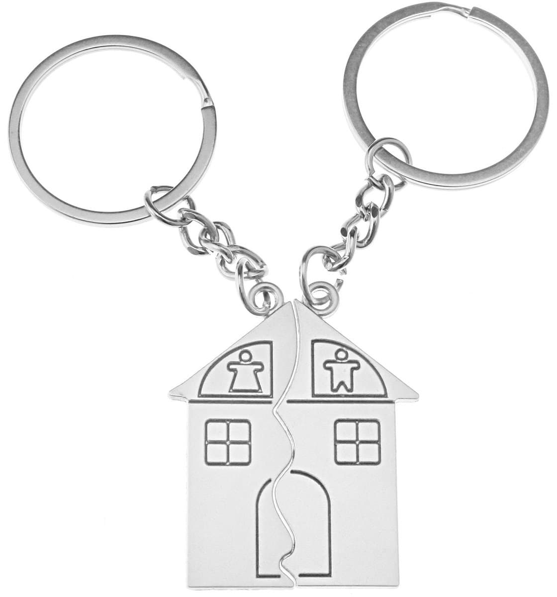 Dailygoods- Sleutelhanger - Set van 2 - Huis ontwerp - Cartoon thema - Legering - 4 x 2,8 cm - Diameter ring 3,8 cm