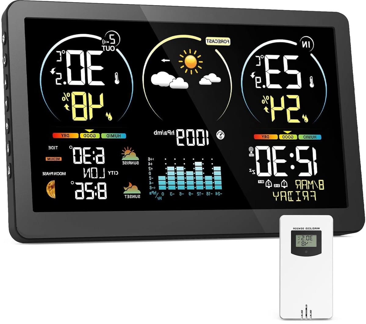 Weerstation met Buitensensor - Weercomputer Digitale Klok - Binnenklimaat Monitoren - 7.8 Inch Kleurendisplay - 60 m Bereik - Zwart