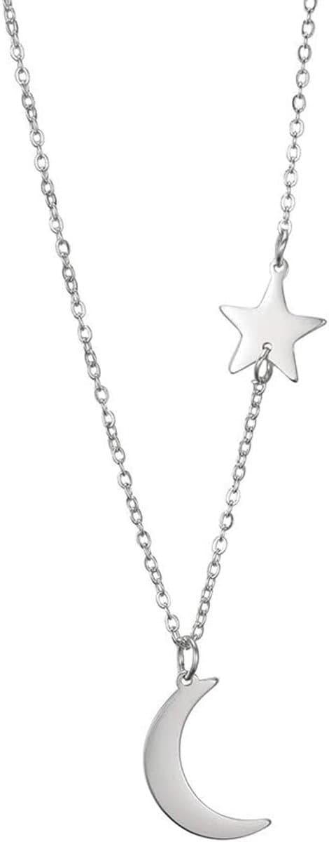 kkjoy Halve maan en ster hanger ketting roestvrij staal sierlijke ketting maan zon ster ketting elke dag sieraden cadeau voor vrouwen meisjes, Length 45+5cm, Roestvrij staal, Geen edelsteen