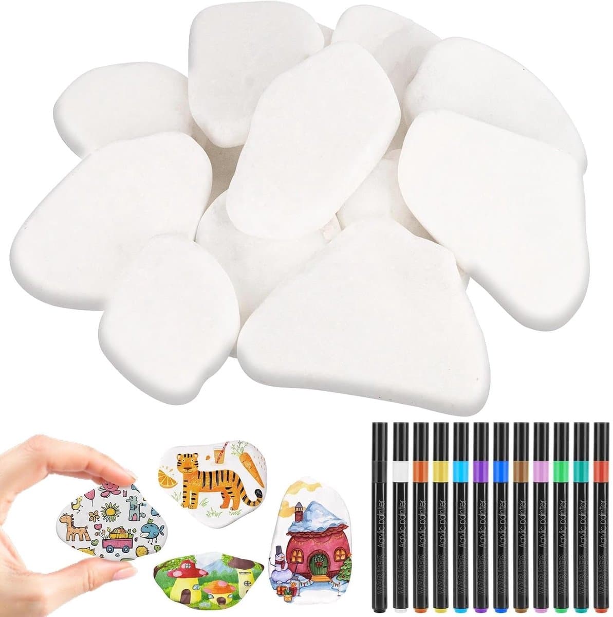 Stenen om te beschilderen 15 stuks - 3-8 cm - witte natuurstenen - creatieve decoratie voor tuin en bloempotten - ShopVlot