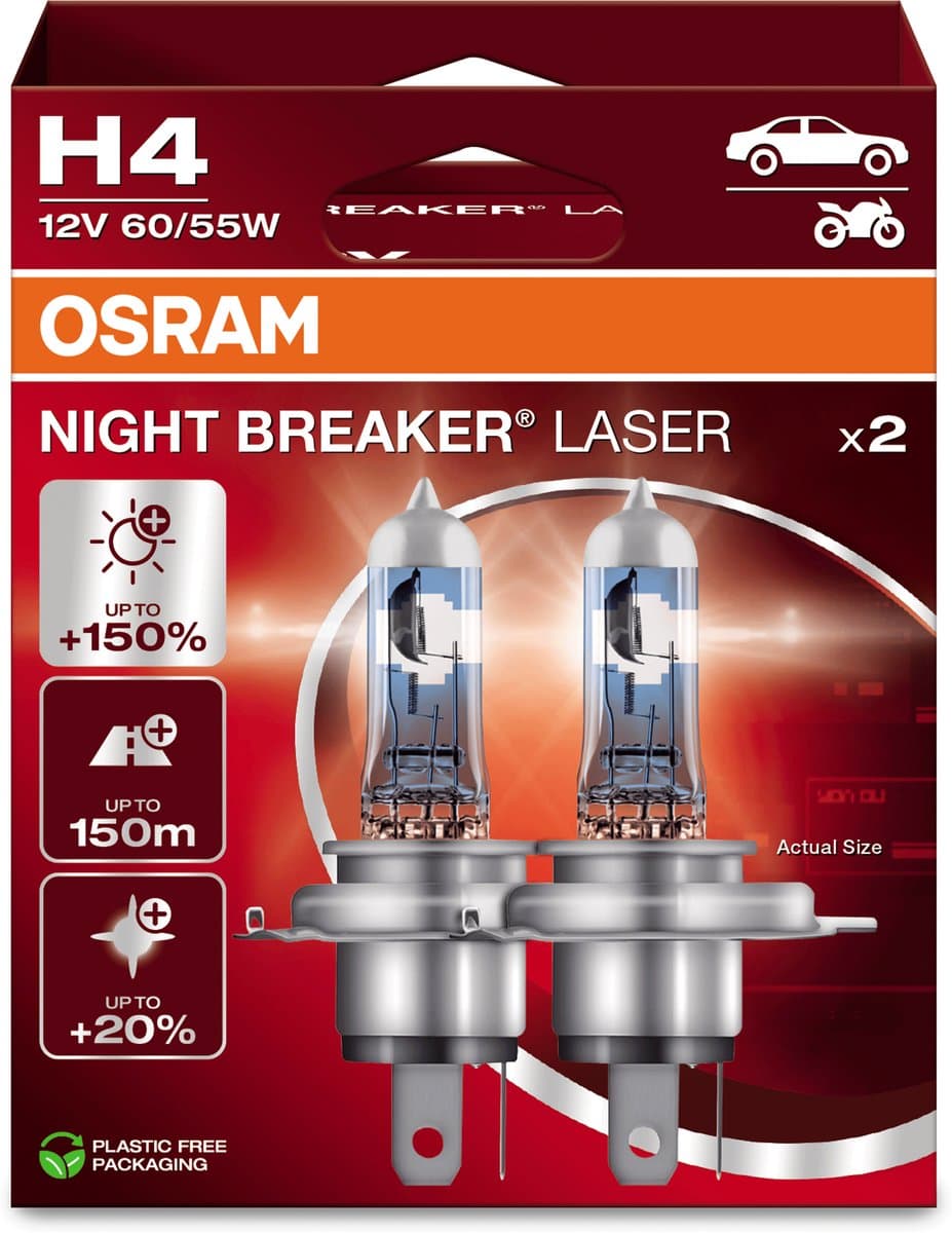 OSRAM Night Breaker Laser - H4 halogeen autolampen – tot 150% meer licht en 150m zicht - 64193NL-2HB - Duitse kwaliteit - set 2 lampen