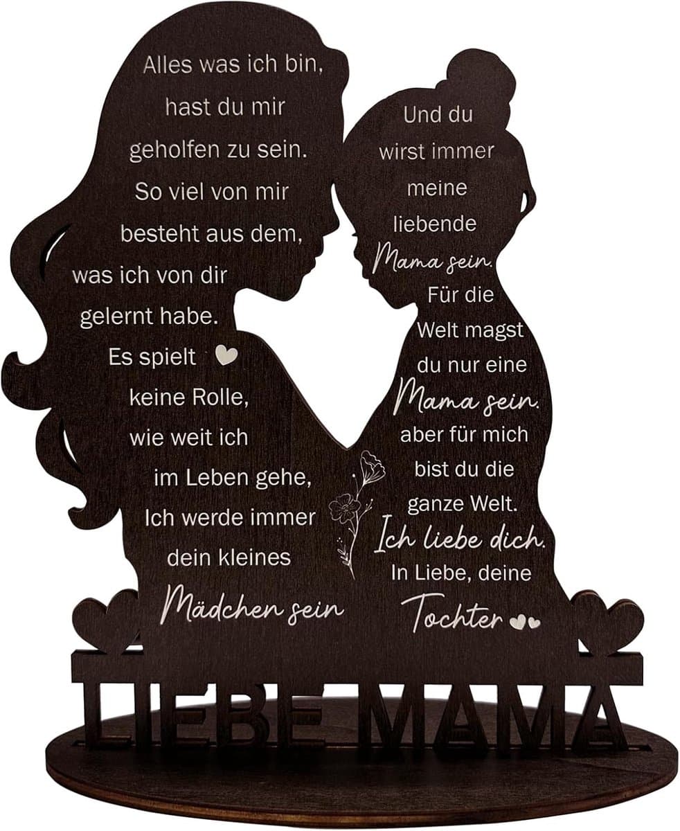 Houten decoratie - Liefdevol moeder en kind silhouet - Cadeau voor Moederdag - Warme bruine kleur - Met liefdevolle tekst