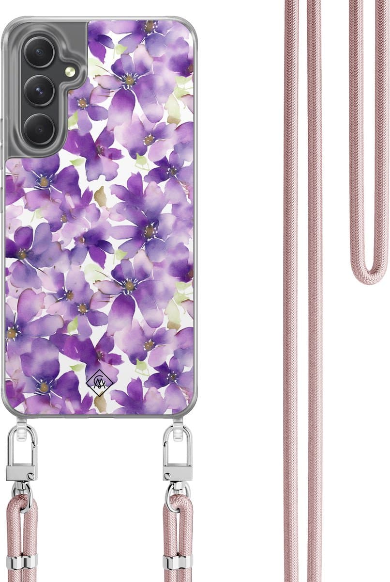 Casimoda® hoesje met koord - Geschikt voor Samsung A34 - Floral Violet - Afneembaar koord - TPU/polycarbonaat - Paars