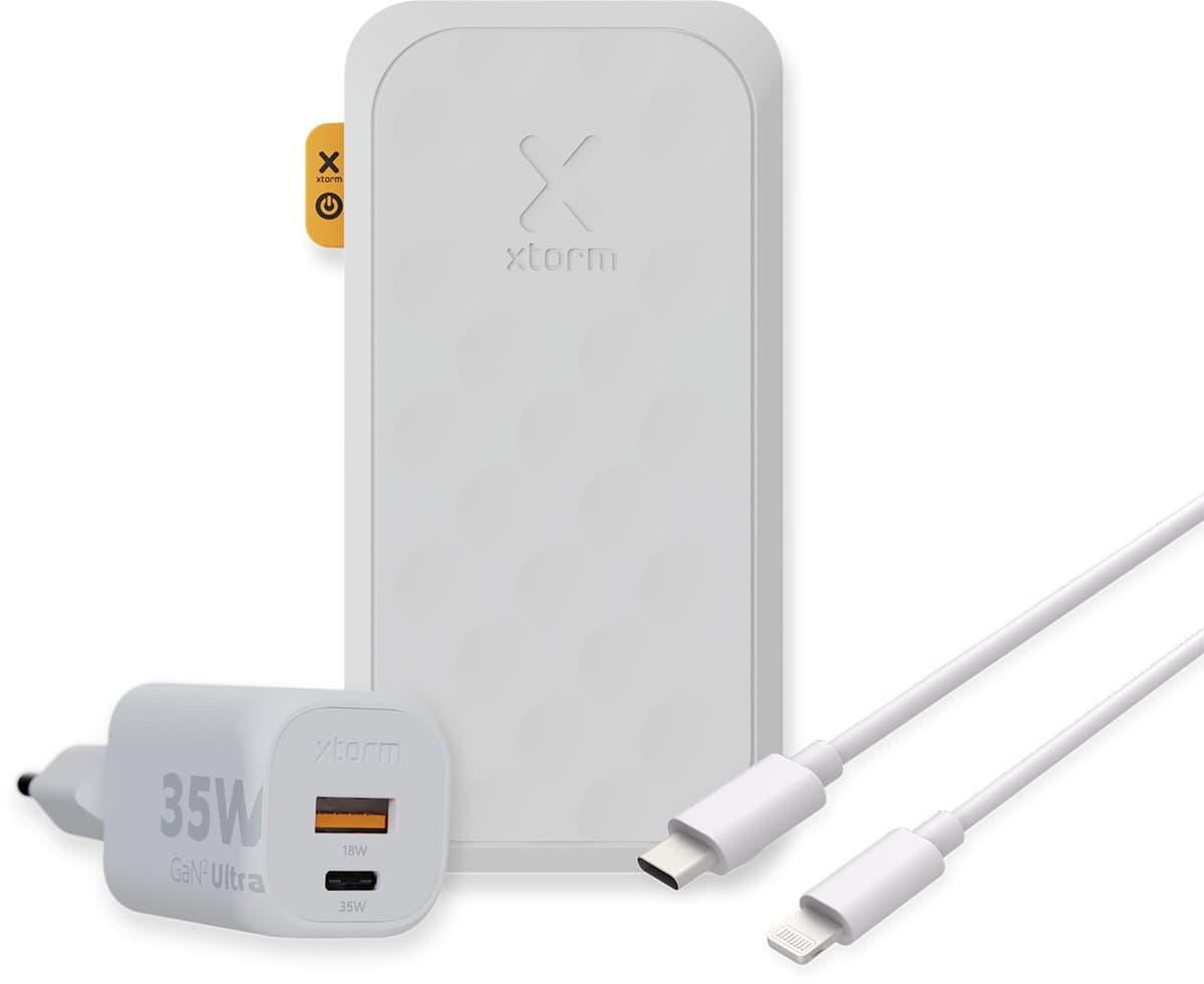 Xtorm Fuel Series 5 35W Powerbank bundel - Powerbank 20.000 mah + Xtorm 35W lader + USB-C naar Lightning Kabel - Wit - Noodpakket