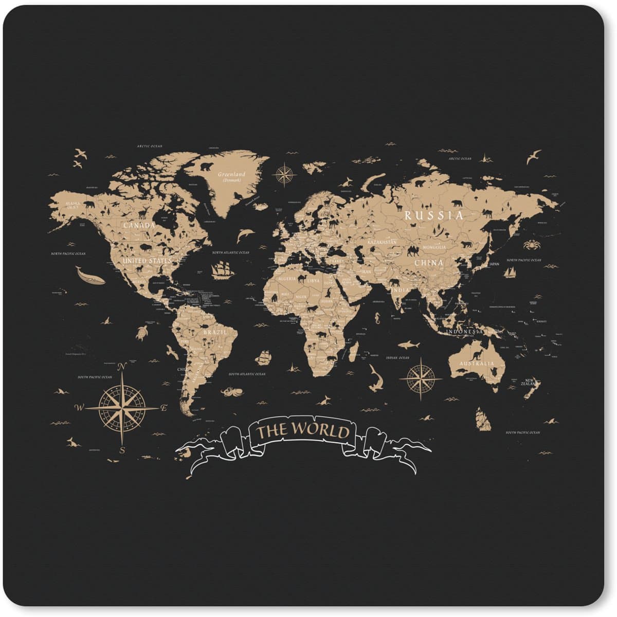 Muismat XXL 80x80 cm - Bureau onderlegger - Bureau mat Wereldkaart - Beige - Zwart - Bureaumat - Gaming mousepad xl - Bureaulegger groot - Computer deskmat