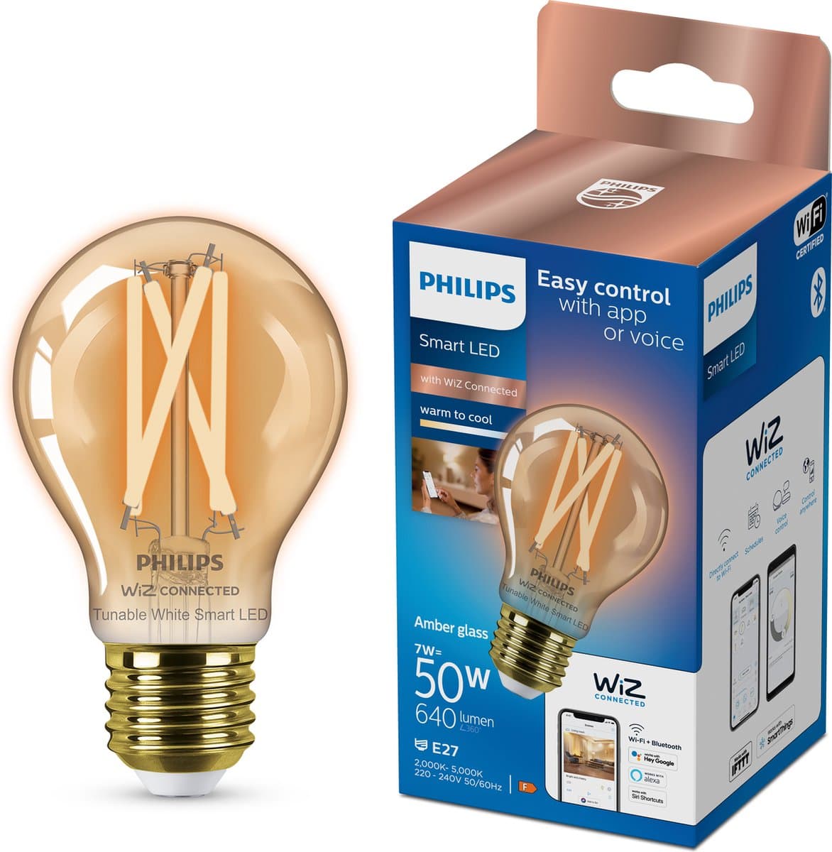Philips Smart Lighting - Lamp Filament - Slimme LED Verlichting - Warm tot Koelwit Licht - 640 lumen - E27 - 50W - Goud - 1 stuk