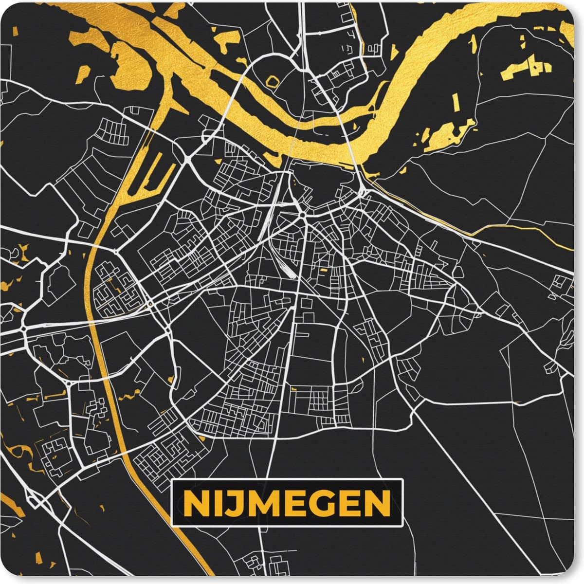 Muismat XXL 60x60 cm - Bureau onderlegger - Bureau mat Kaart - Nijmegen - Goud - Zwart - Bureaumat - Gaming mousepad xl - Bureaulegger groot - Computer deskmat