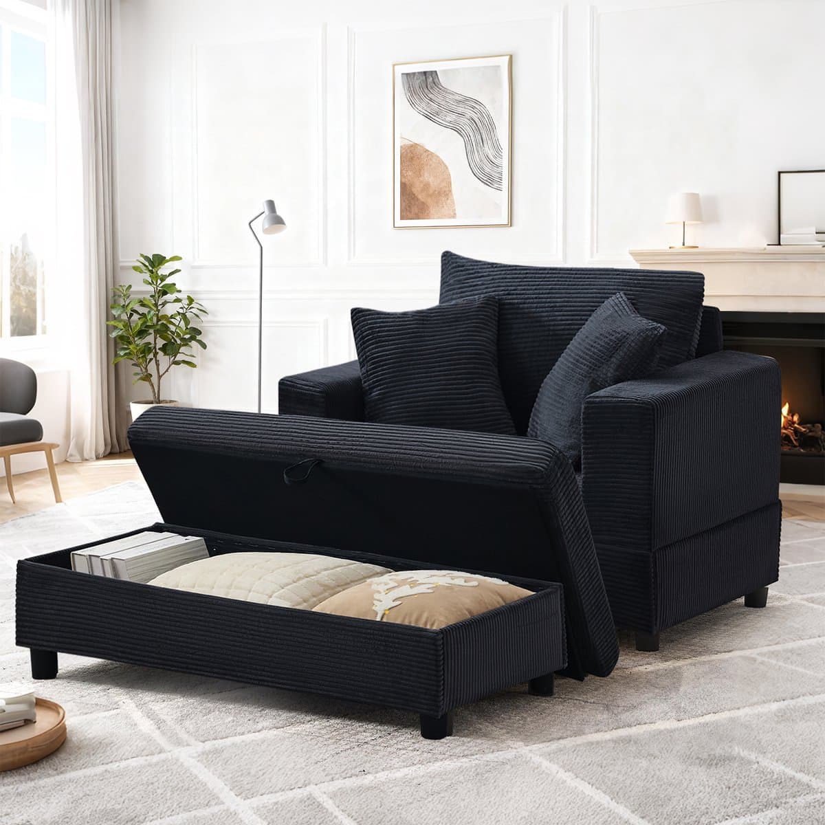 MIVRAY Chaise Longue Ruim - Met Voetsteun En Opbergruimte - Voor Woonkamer En Slaapkamer - Hout En Metaal Zwart