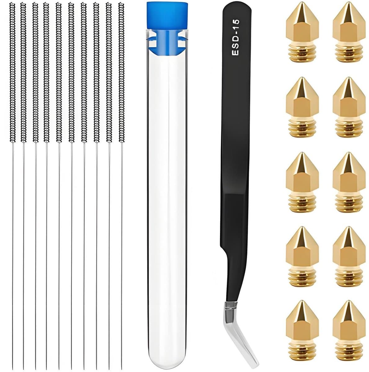 Dailygoods- Reinigingsset voor 3D-printers - 10 MK8-sproeiers 0,4 mm - 10 reinigingsstiften - breed compatibel - ergonomische handgreep - effectief bij verstoppingen - 3D-printer Gereedschap