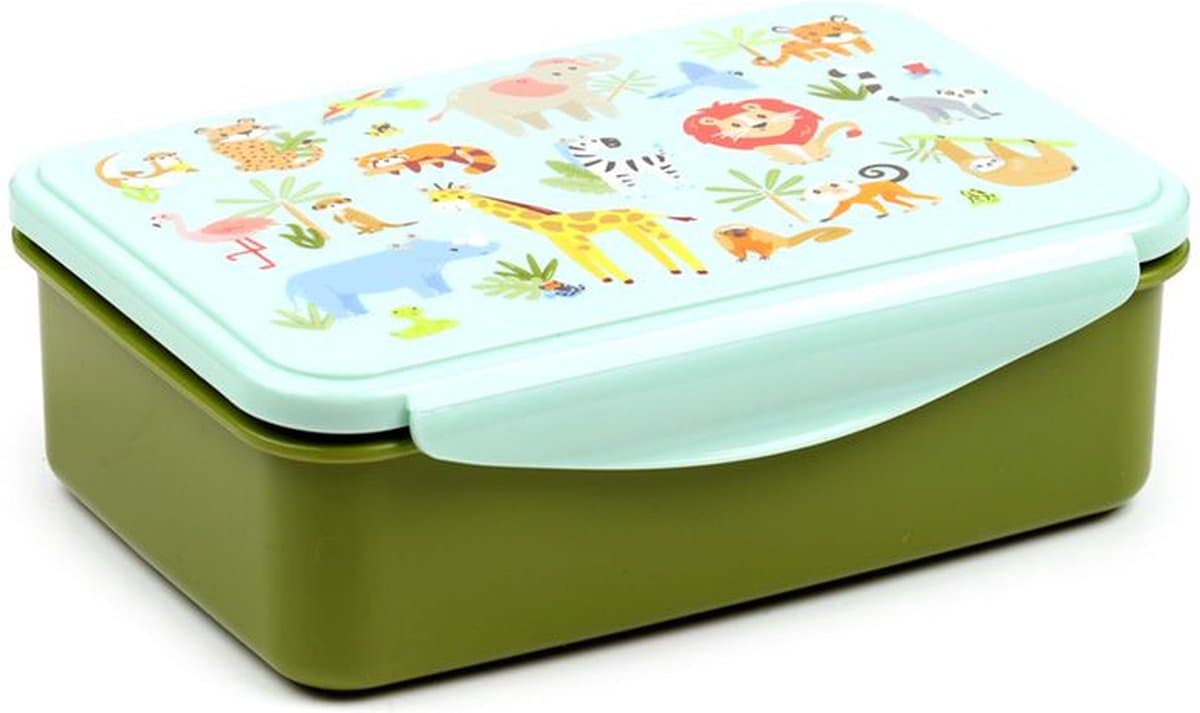 Lunchtrommel/Broodtrommel - Zooniverse - Dierentuindieren - Clip Lock - Groen& Lichtblauw - 7x21x14,5cm