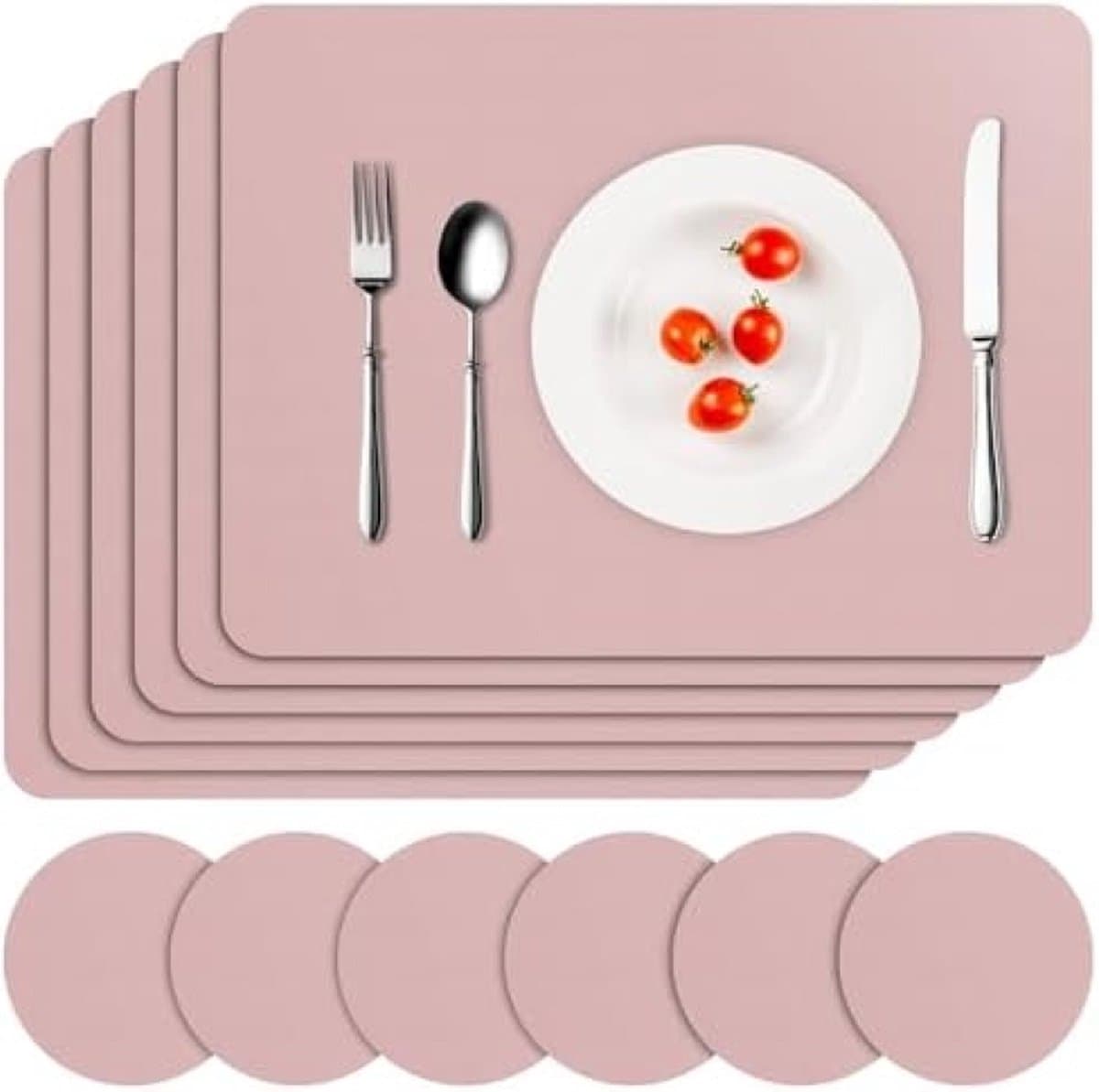 Placemat, 6-delige set, Kunstleer, Afwasbaar, Hittebestendig, Dubbelzijdig, Waterdicht, Lederlook met Onderzetter, Antislip, 41 x 31 cm "Roze"
