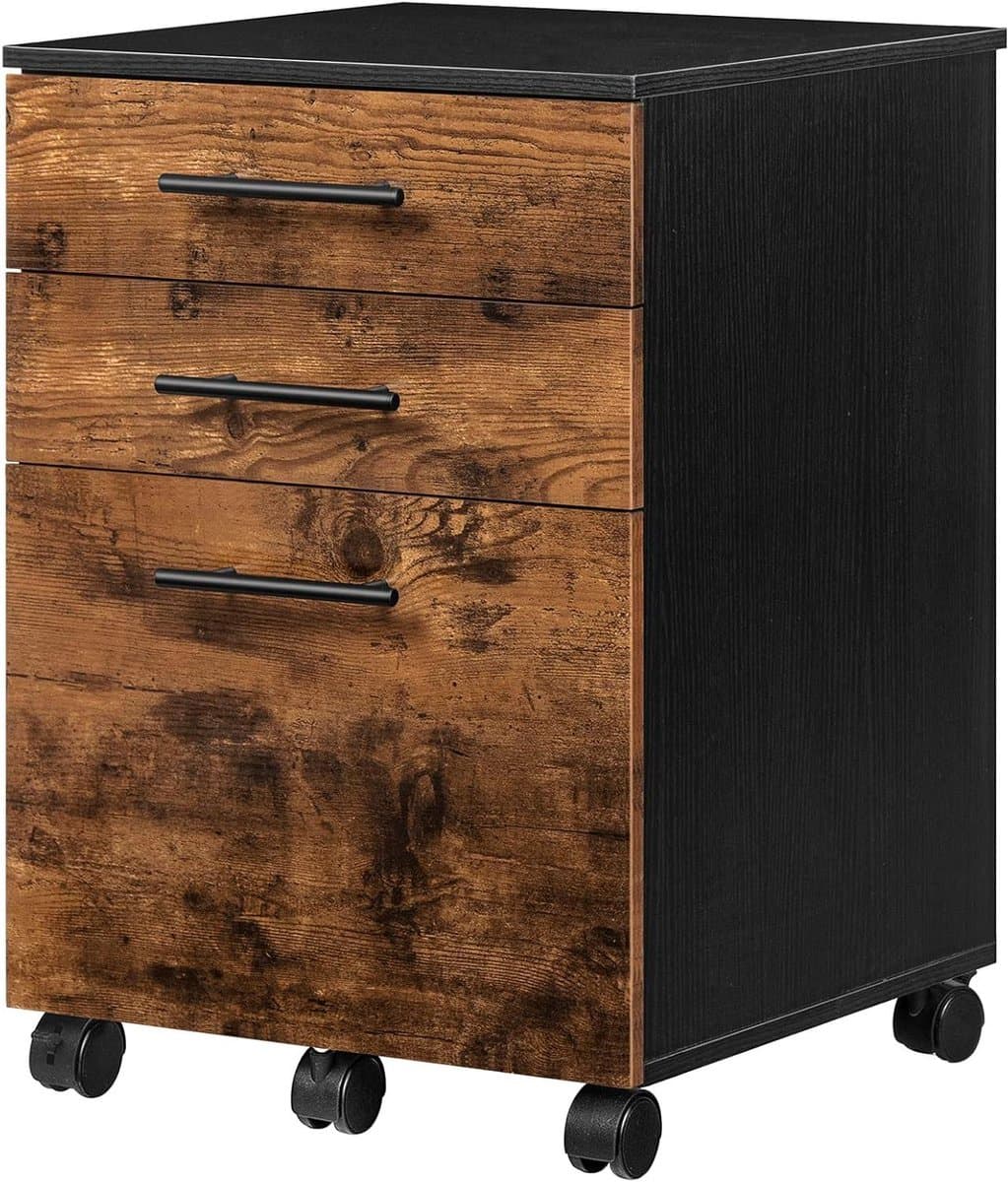 Opbergkast met 3 laden en 5 wielen in industriële stijl, rustiek design in bruin en zwart, stabiel en mobiel opbergmeubel.
