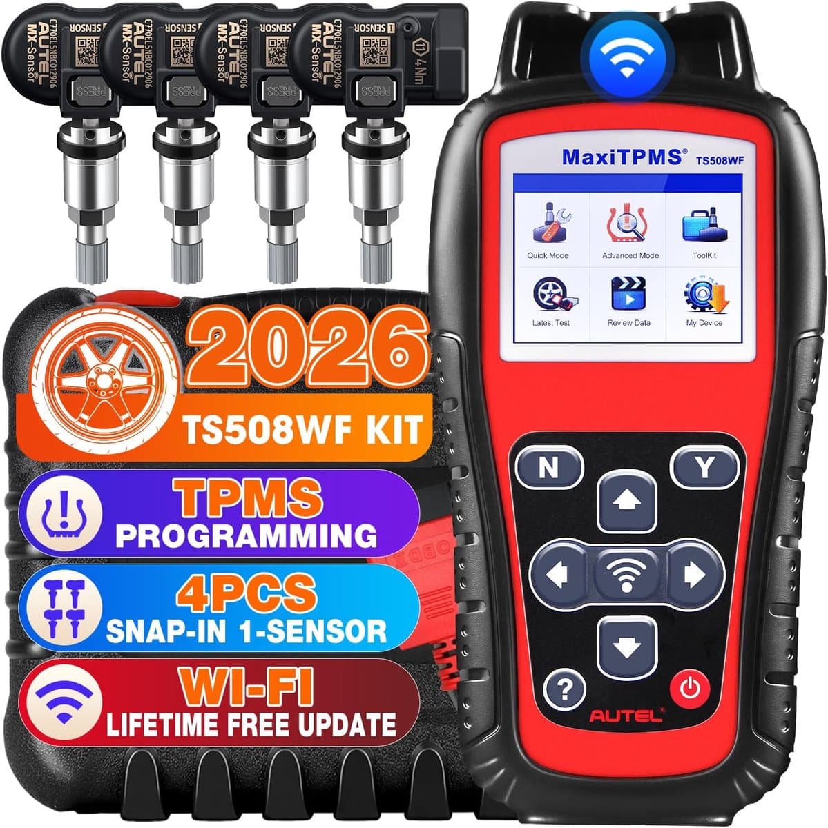 TPMS Diagnosetool – Bandenspanning Controle – Sensor Programmer – OBD Relearn – MX Sensor Activator – Inclusief 4 Metalen MX Sensoren – Wifi Software Update