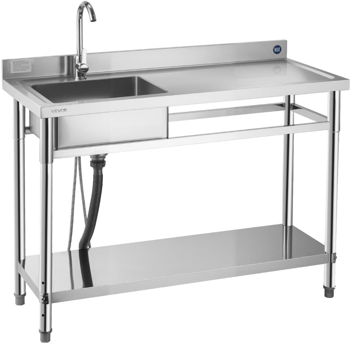 VEVOR RVS spoelbak (120 x 50 x 94 cm), enkele kom met kraan en plank, keukengootsteen voor garage, restaurant, wasruimte, buitenwasbak met werkblad (rechts)