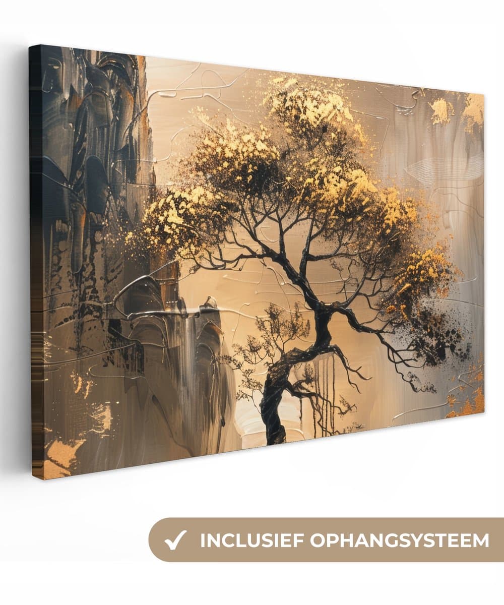 Canvas schilderij 90x60 cm - Wanddecoratie Boom - Goud - Landschap - Verf - Muurdecoratie woonkamer - Kamer decoratie modern - Abstracte schilderijen