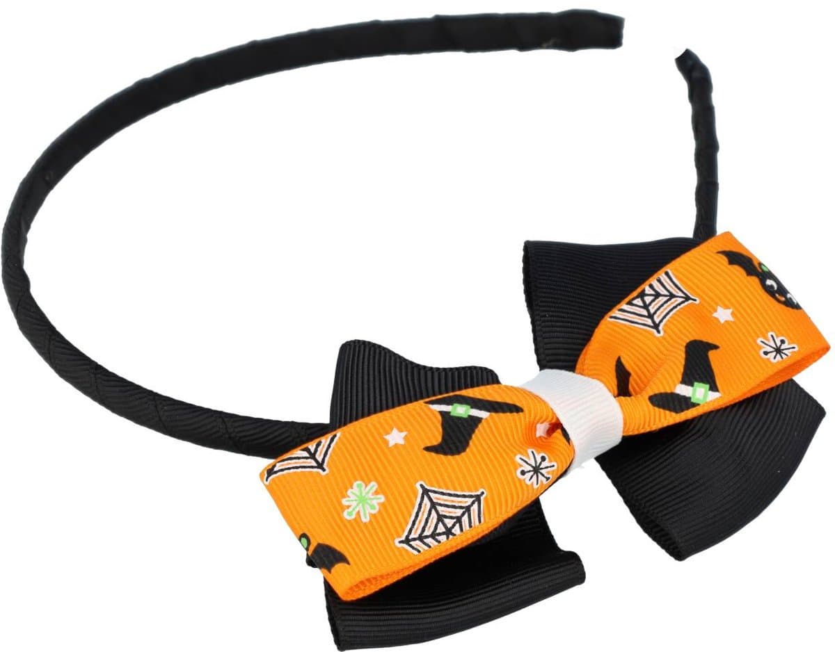 Haarsoires Haarband Kinderdiadeem – Halloween Griezelprint Strikje – Zwart Oranje