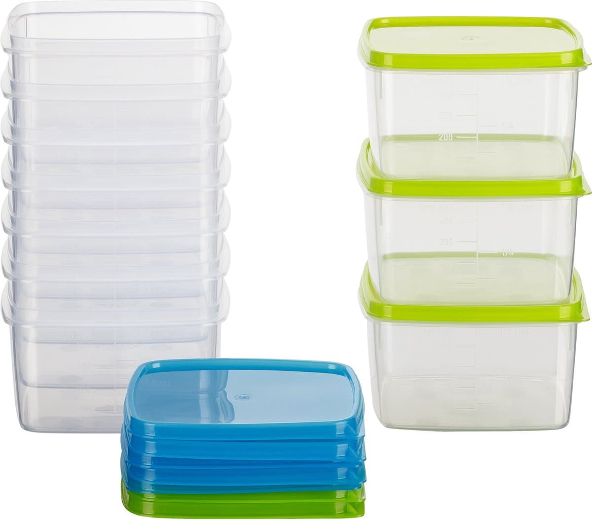 Kigima diepvriescontainers 10x0,5L vierkant groen & blauw - Luchtdichte bewaardozen met deksels - Transparante voedselcontainers - Keukenopbergdoos voor maaltijdvoorbereiding en -organisatie - Oostenrijkse kwaliteit