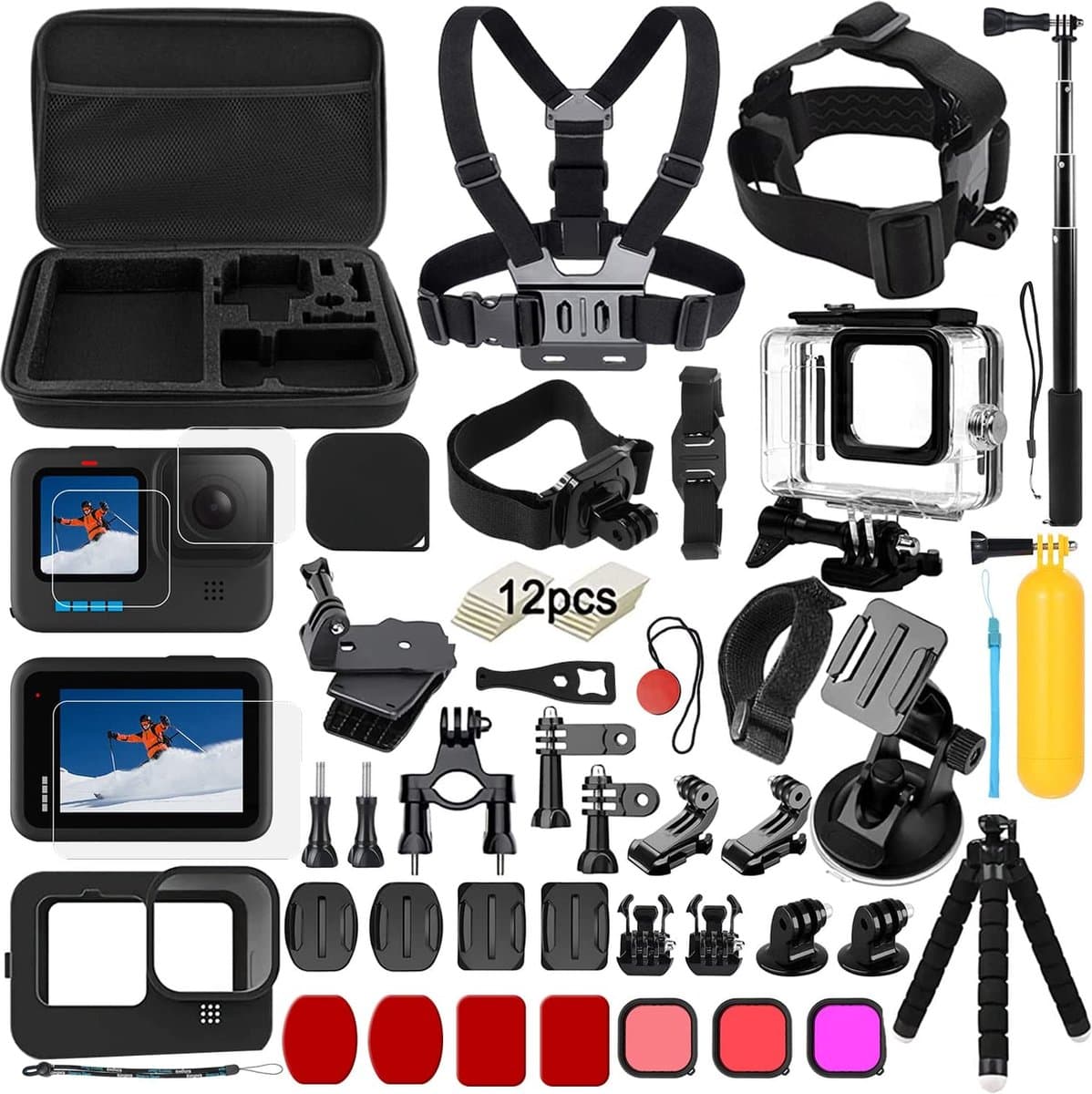 Accessoireset voor GoPro Hero 12/11/10/9 zwart, waterdichte beschermhoes, waterdichte behuizing, snorkelaccessoires, fietshouder, selfie-stang, hoofdband voor GoPro Hero 9 10 11