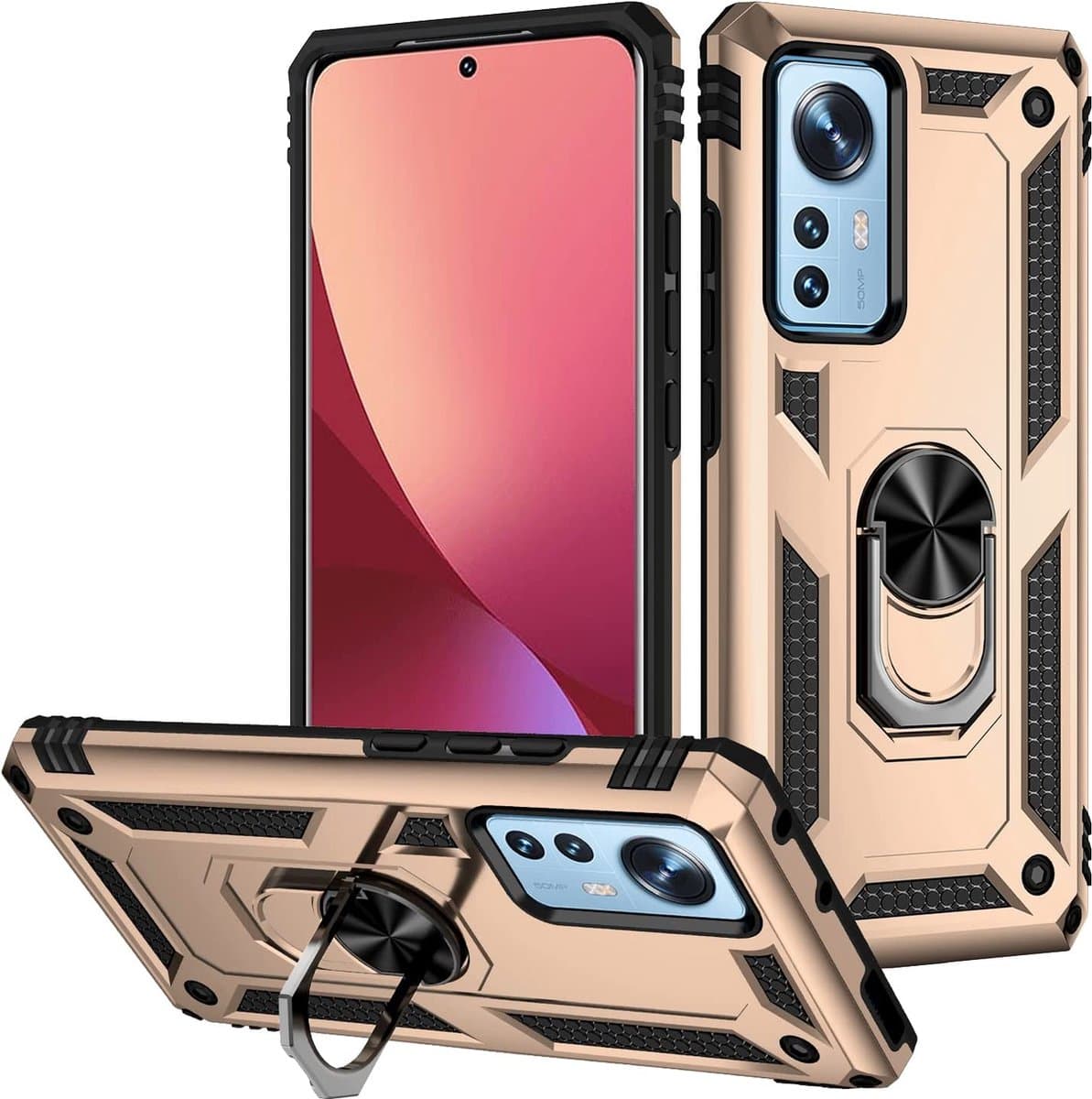 Ring Armor hoesje Geschikt voor Xiaomi 12 Pro - Goud - Draaibare standaard - Magneet - ZT Accessoires