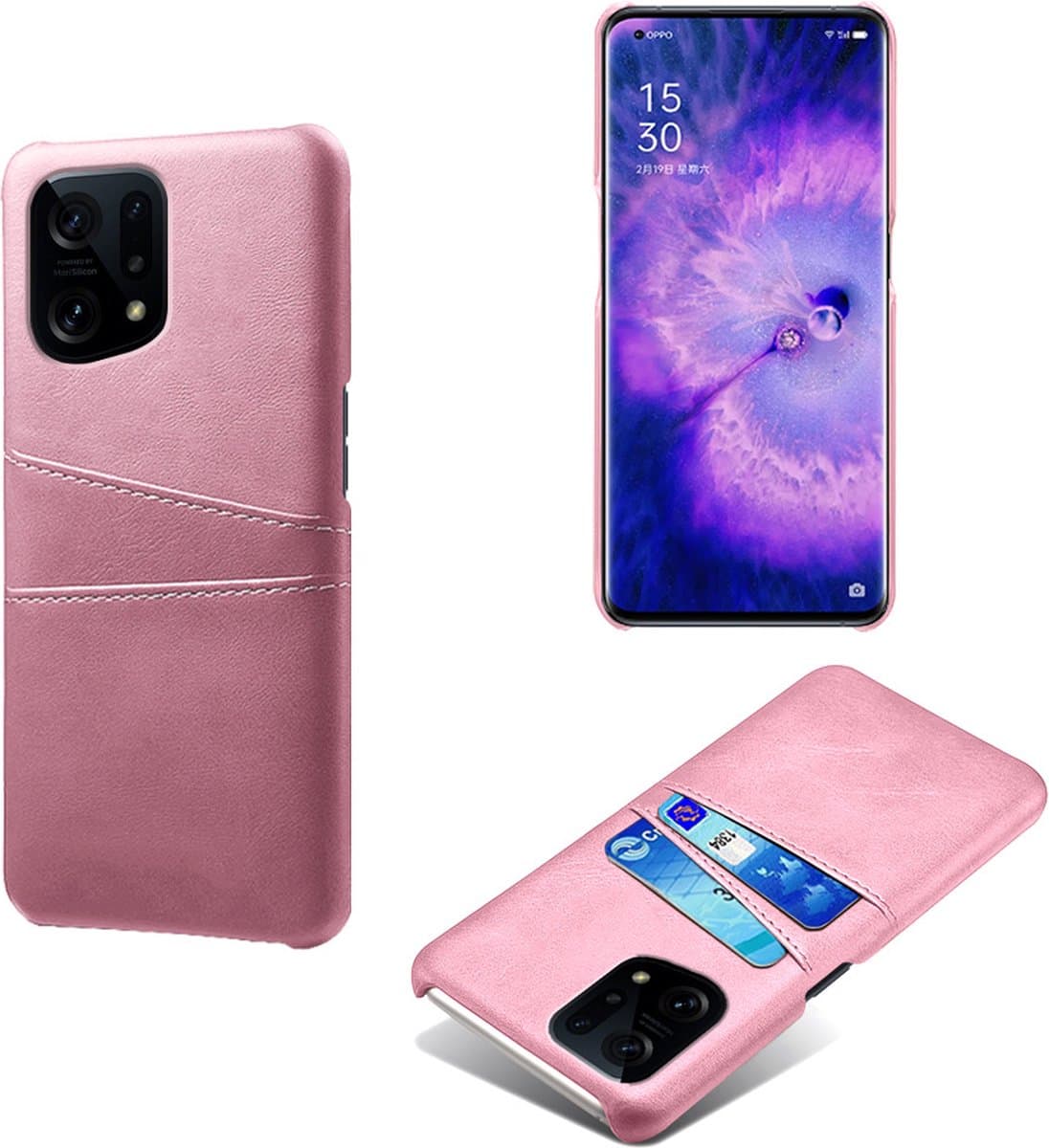 Back Cover met Opbergvakjes + PMMA Screenprotector voor OPPO Find X5 Pro _ Roze Goud