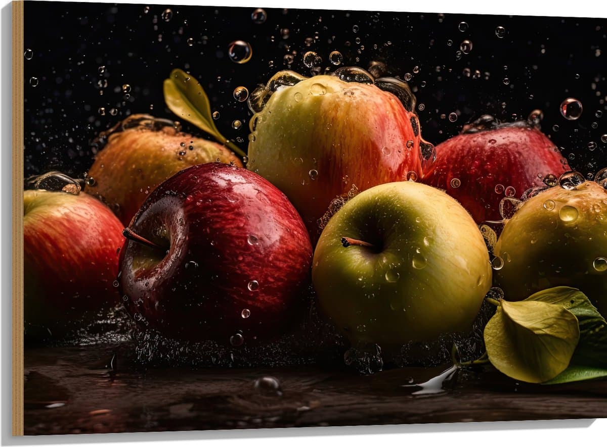 Hout - Plens Water op Appels tegen Zwarte Achtergrond - 100x75 cm - 9 mm dik - Foto op Hout (Met Ophangsysteem)
