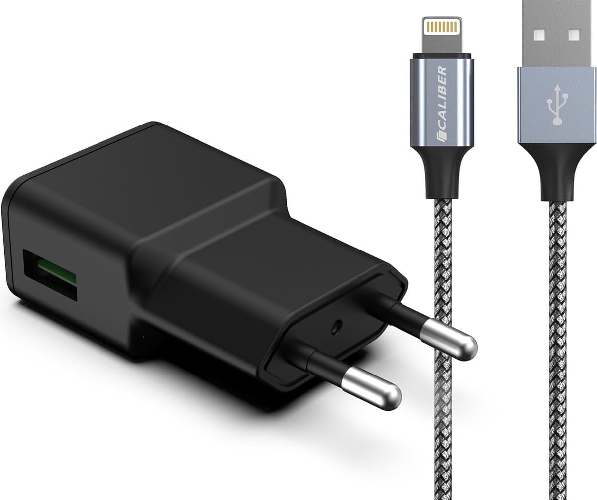 Oplader met USB naar Lightning Kabel en Adapter - Data en Laden - Geschikt voor Apple iPhone en iPad - 1 Meter - Zwart (PS-UL)