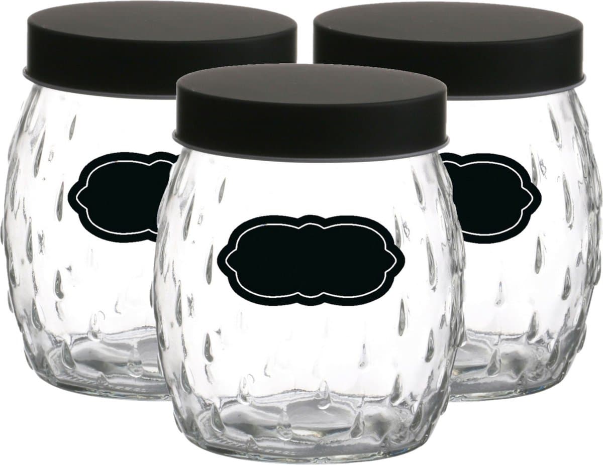 Voorraadpot/bewaarpot Mora - 6x - 1.2L - glas - zwart - incl. etiketten
