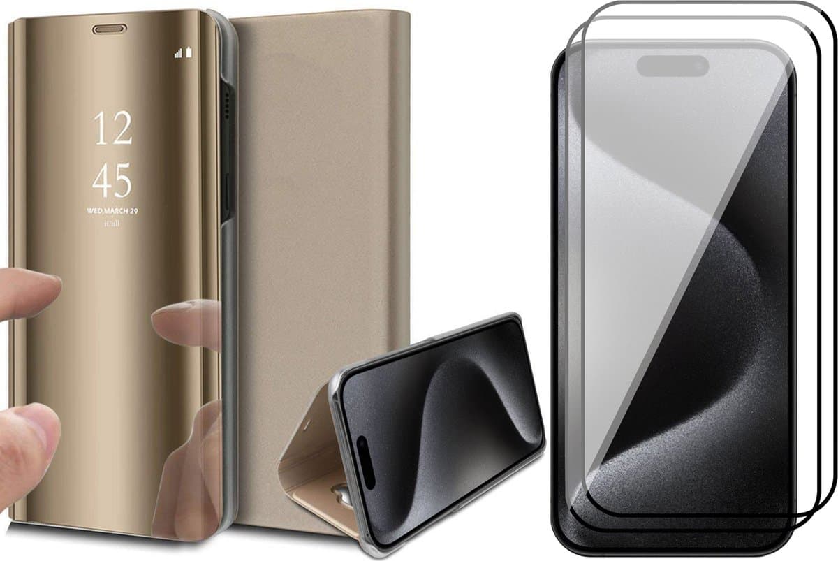 Hoesje geschikt voor iPhone 15 Pro - 2x Screen Protector FullGuard - Book Case Spiegel Goud & Screenprotector