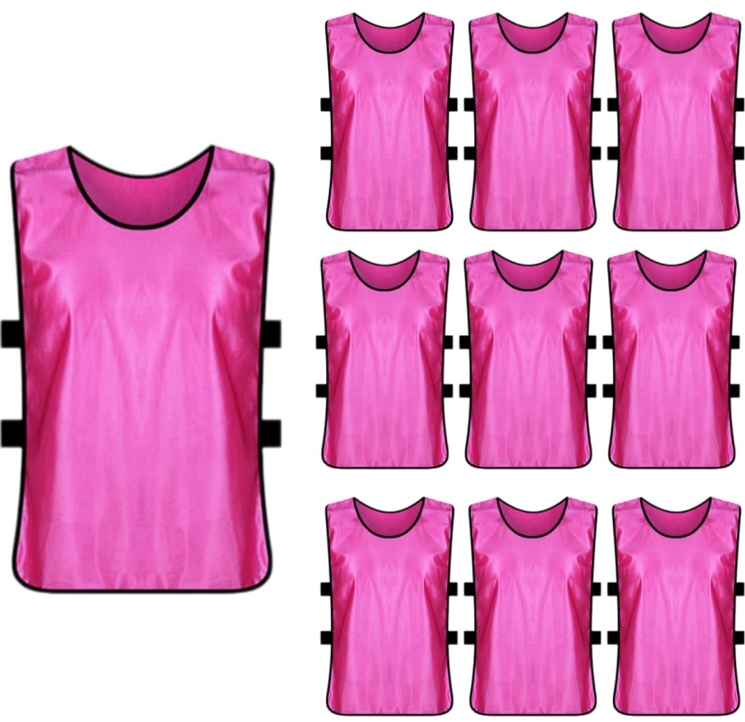 Traininghesjes – 10-delige set voetbaltraininghesjes (geschikt voor volwassenen en jeugd) – Traininghesjes/teamhesjes met elastische banden – S (45 x 28 cm)-Rozerood