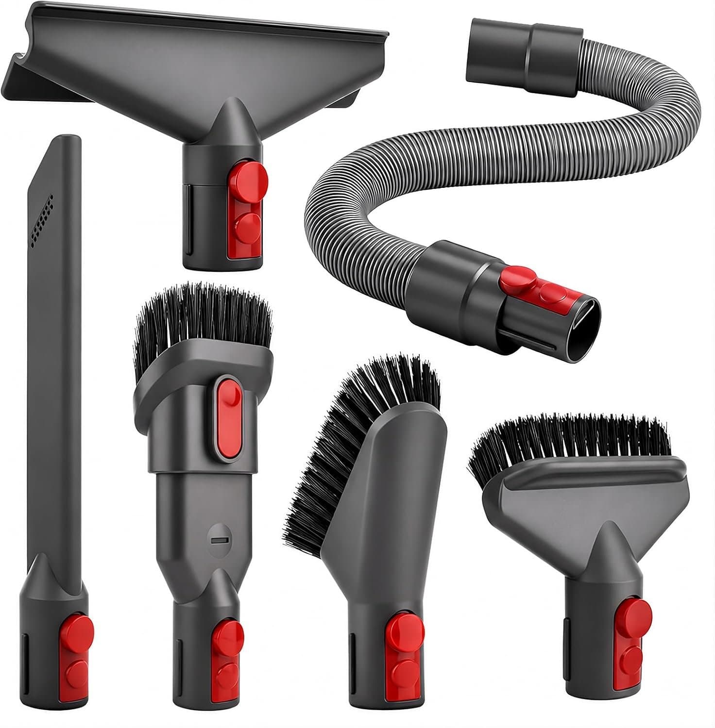 Dyson opzetstukken voor stofzuiger - Accessoires voor kieren reinigen - Borstelset voor meubels vloeren - Flexibele slang voor bereik - Verschillende zuigmonden met borstels - Geschikt voor genoemde V-series - Zwart met rood - Set van 6 onderdelen