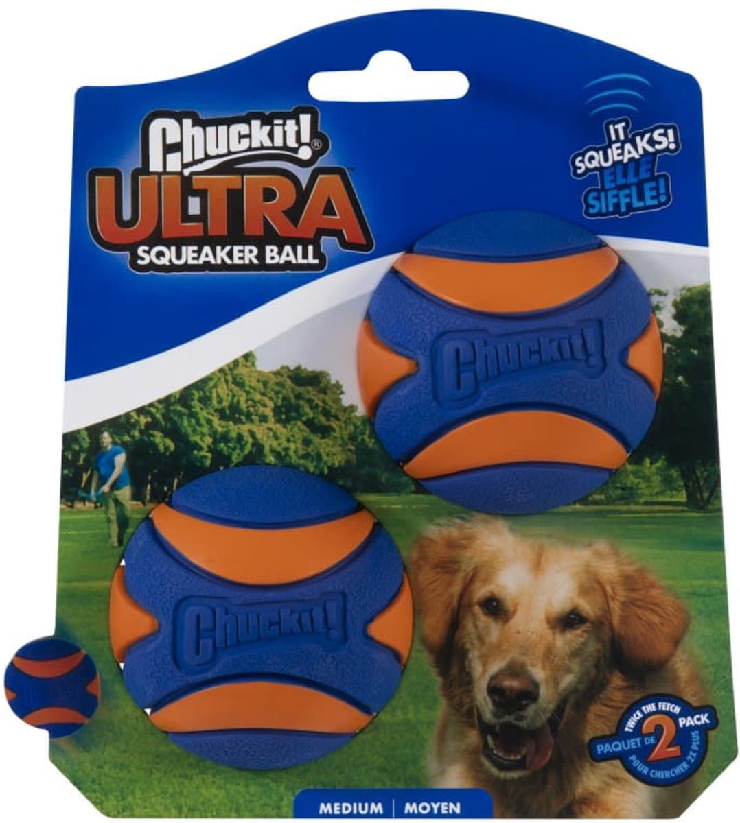 Chuckit! Ultra Squeaker Bal - Hondenspeelgoed - Hondenbal - Medium - Ø6 cm - Blauw/Oranje - 2 Stuks