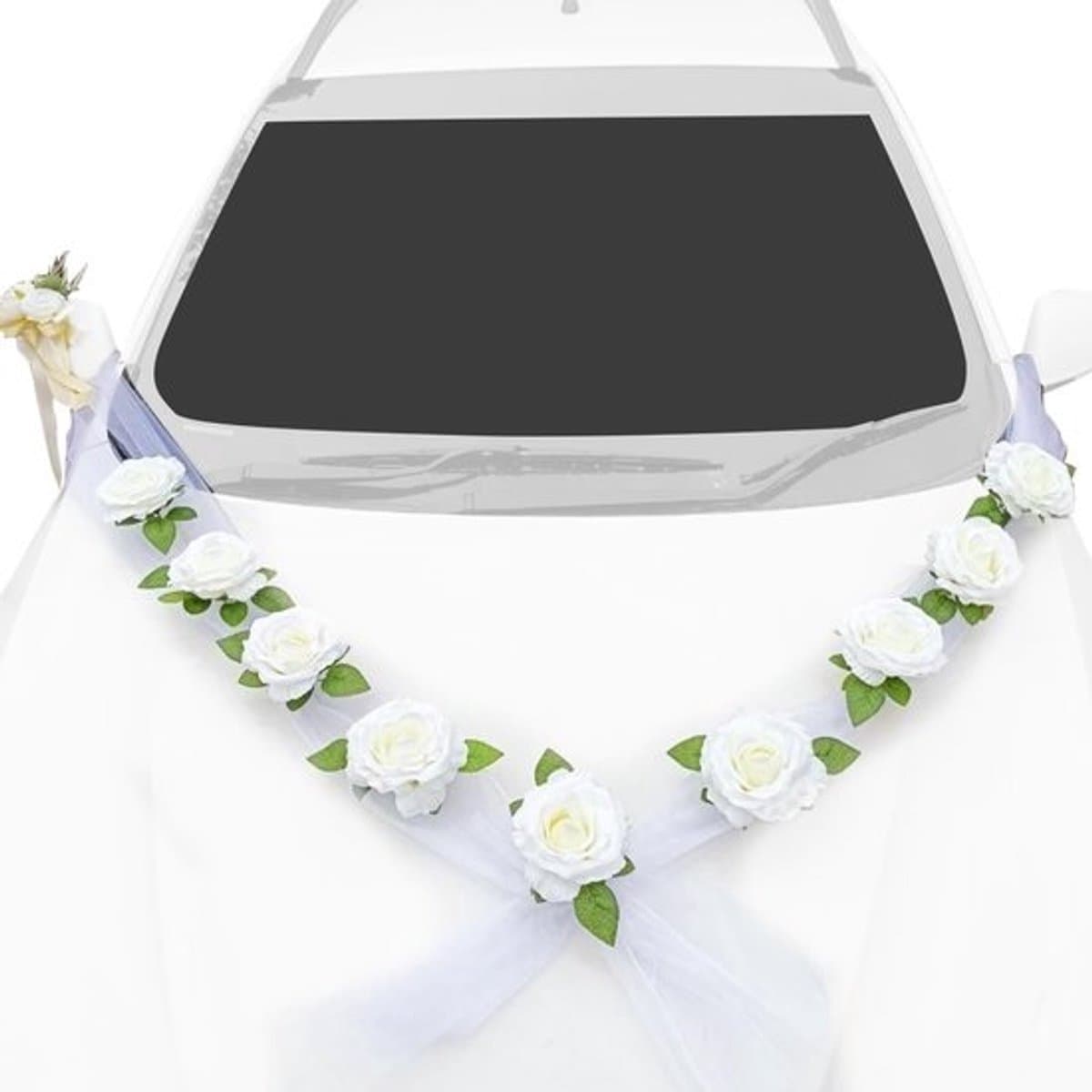 Autoversiering voor bruiloft - Autoslinger organza bruidspaar rozen decoratie - Huwelijk decoratie feest wit - Romantische auto versiering met doekjes
