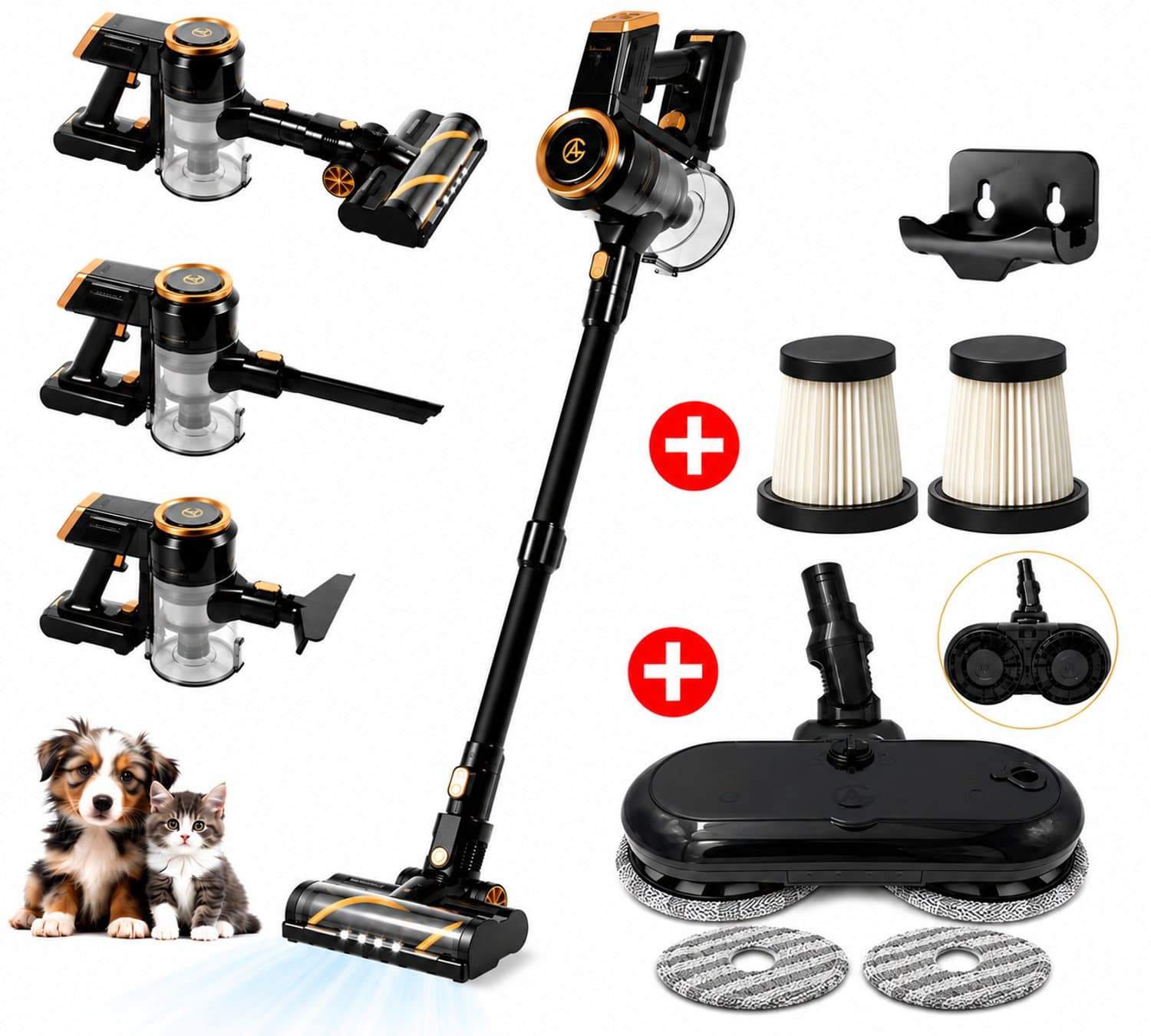 AG4200 Steelstofzuiger Draadloos – 2 Accu’s – 90 Min Stofzuigen – Krachtige Stofzuiger Zonder Zak – Geschikt voor Dierenharen – 2-in-1 Kruimeldief – Compact & Lichtgewicht – Platinum Gold