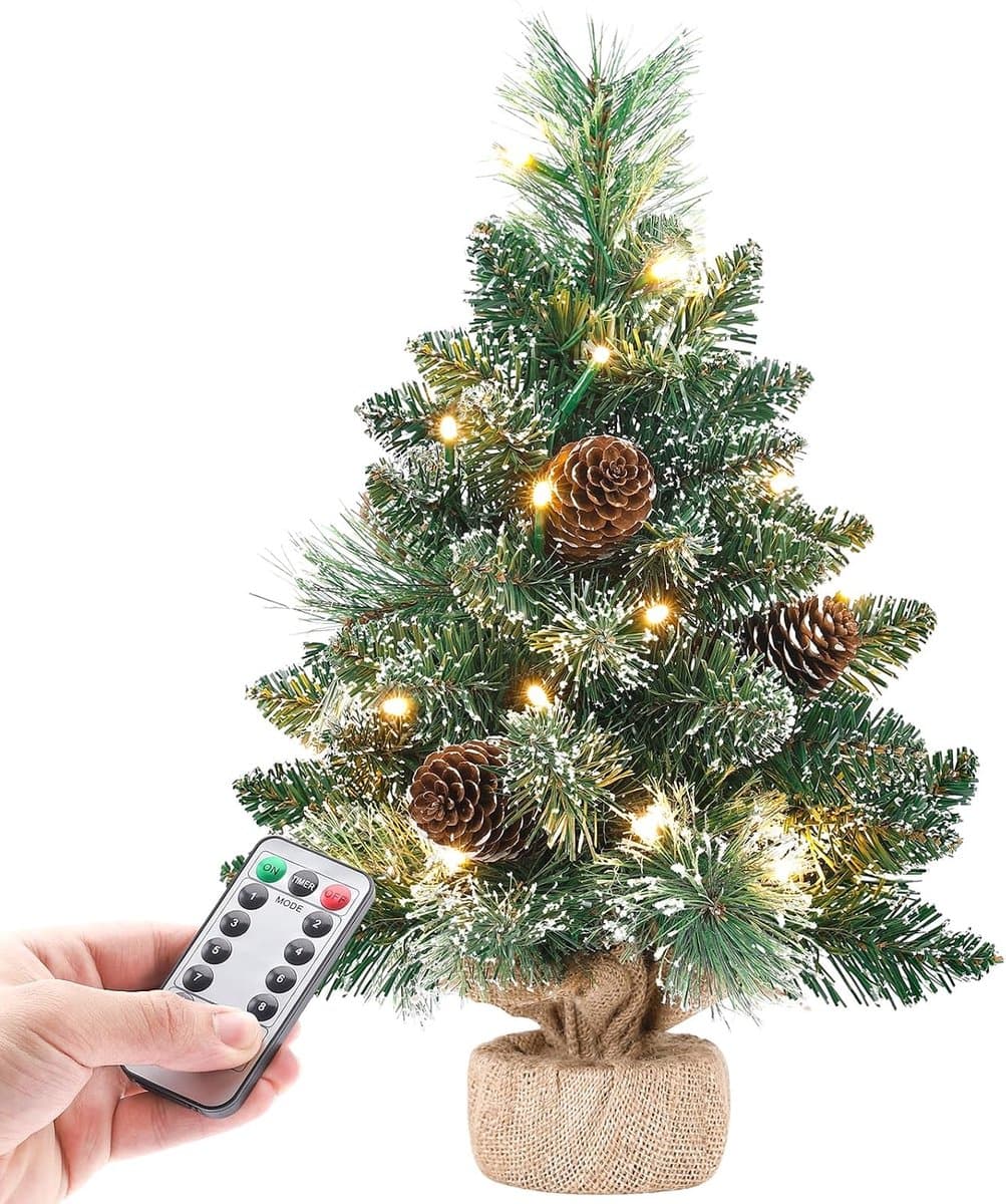 Mini-kerstboom met verlichting, led en witte sneeuw, 40 cm dennenboom met sterboompiek en echte dennenappels, voor kerstdecoratie, advent
