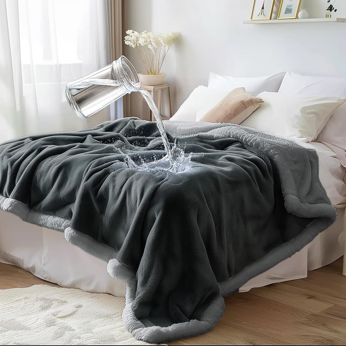 deken Twin Size - Omkeerbare, gezellige sherpa-fleece, rommelvrij, lekvrij, vlekbestendig en waterbestendig, dubbelzijdige deken (houtskoolgrijs/zilvergrijs, 65 x 90 cm