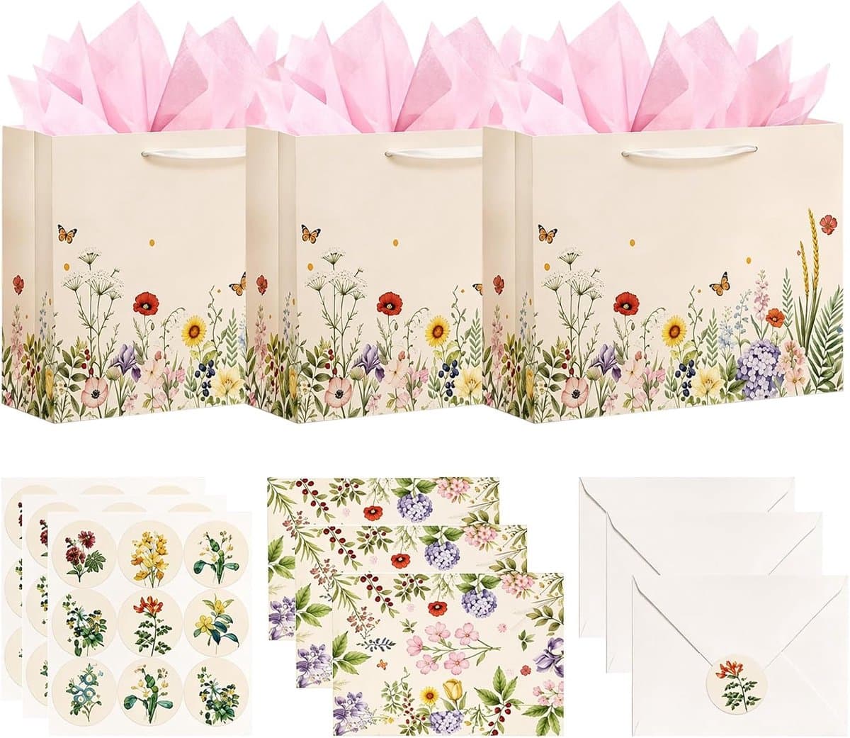3-delige cadeauzakkenset met bloemenmotief – 33 cm grote papieren zakken