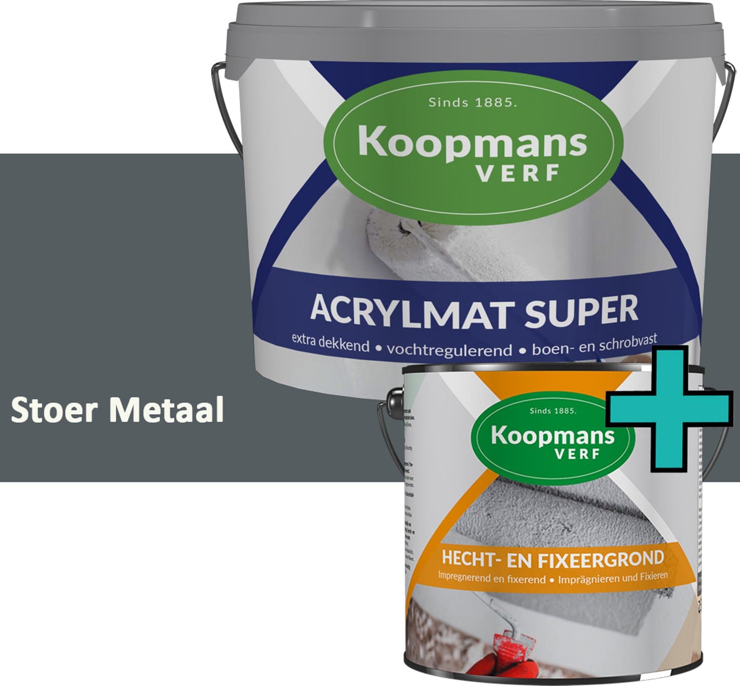 Koopmans Hecht- en Fixeergrond + Acrylmat Super Muurverf Set – Voorstrijk & Matte Muurverf - Binnen en Beschut Buiten - Stoer Metaal - 2x - 5 l