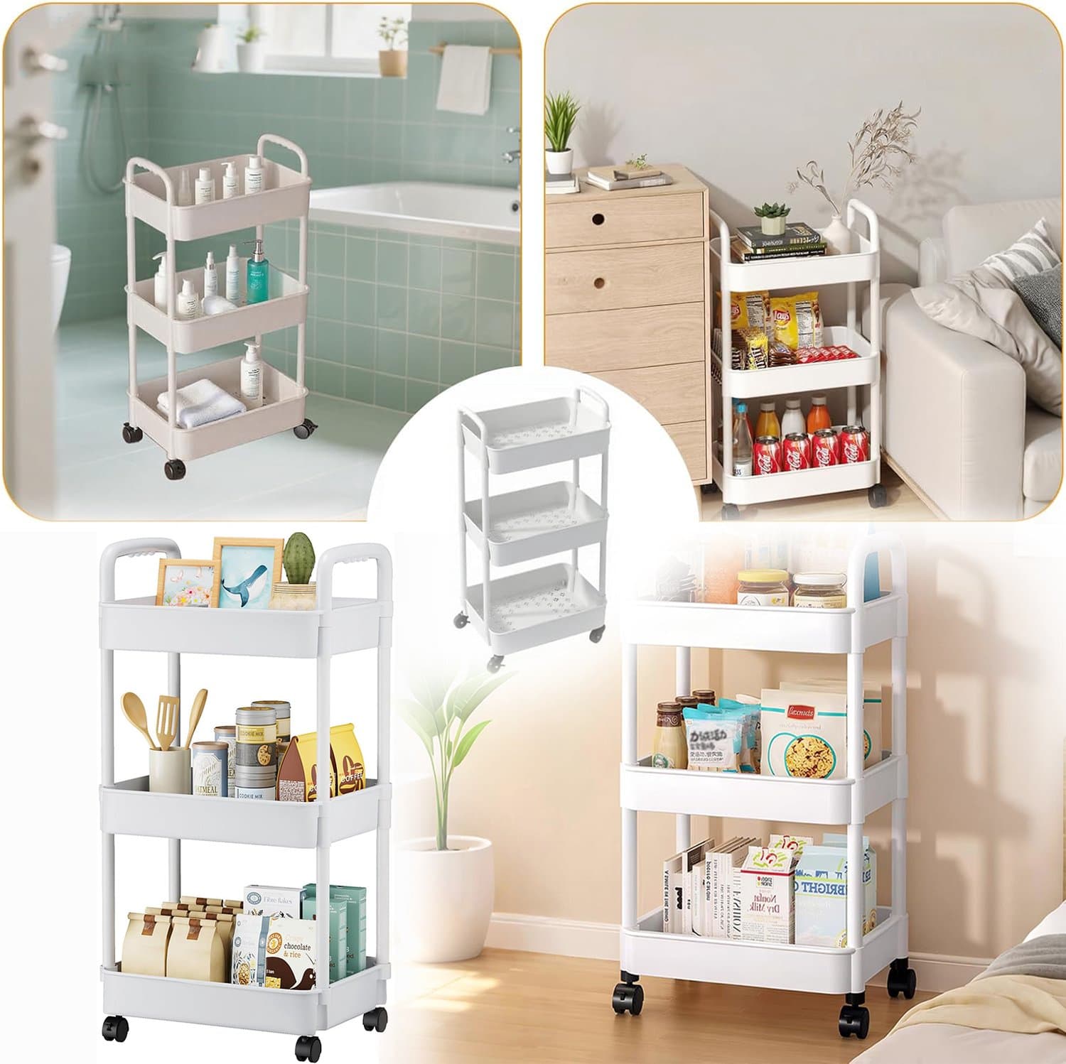 Opbergwagen op Wielen Met 3 Niveaus, Multifunctionele Organizer, Met 4 Haken en Verplaatsbaar Opbergrek.