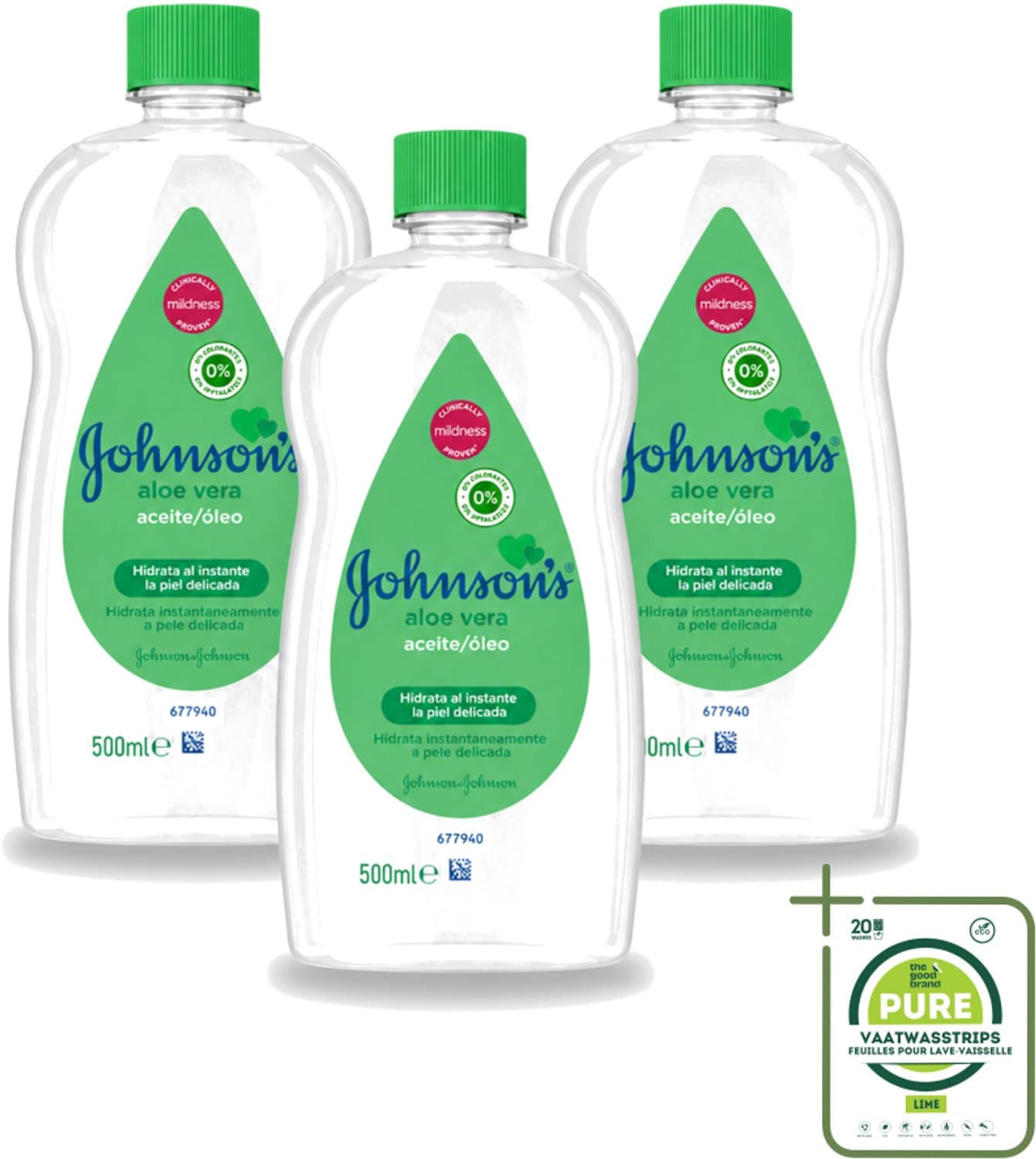 3 x Johnson's - Baby Olie - Aloe Vera - Hydrateerd Gevoelige Huid - 500 ml - Grootverpakking - Babyolie - Aloe Vera - Gevoelige Huid - Melkkorst Verwijderen - Hydraterende Olie