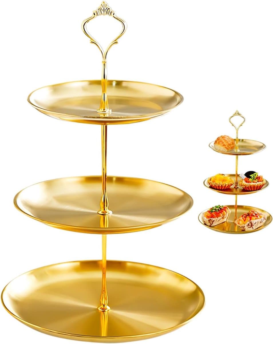 Fruitschaal - 3-laags RVS Taartplateau - Plateau - Display Standaard - 33 cm hoog - Voor Taart, Cupcakes en Desserts - Goud