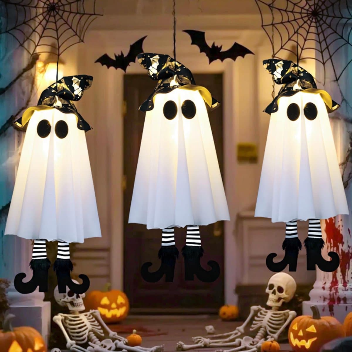 3 Stuks Hangende Halloween decoratie - Halloween spook - Spook Met Verlichting - Oplichtende tovenaarshoed - Hangende Geest - Halloween-decoraties - Halloween-cadeaus - Voor Halloween & Herfstdecoratie - 46x16.5 cm - Wit - TENGYIF®