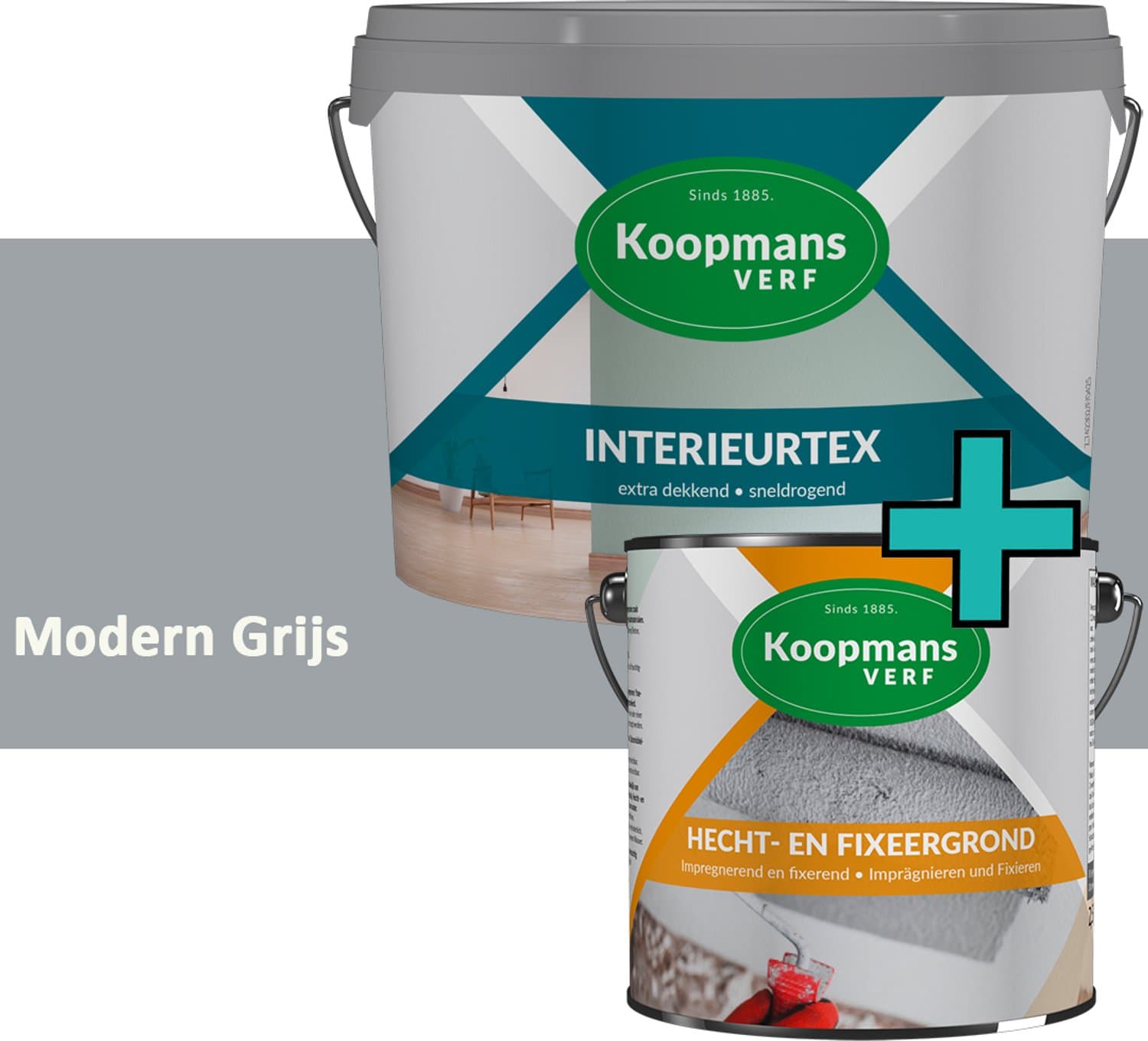 Koopmans Hecht- en Fixeergrond + Interieurtex Muurverf Set – Primer voor Zuigende Muren + Matte Muurverf Binnen- Modern Grijs - 2x - 2,5 l