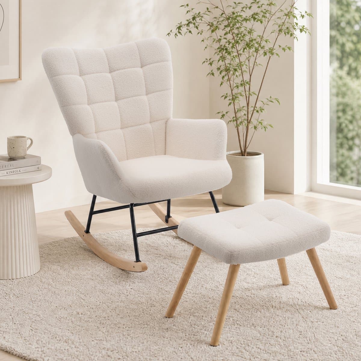 STILVORA Schommelstoel – Ergonomisch Comfort Met Voetenbank – 91 x 61 x 88 cm – Lamswol En Metaal Hout – Beige – Voor Lezen En Ontspannen