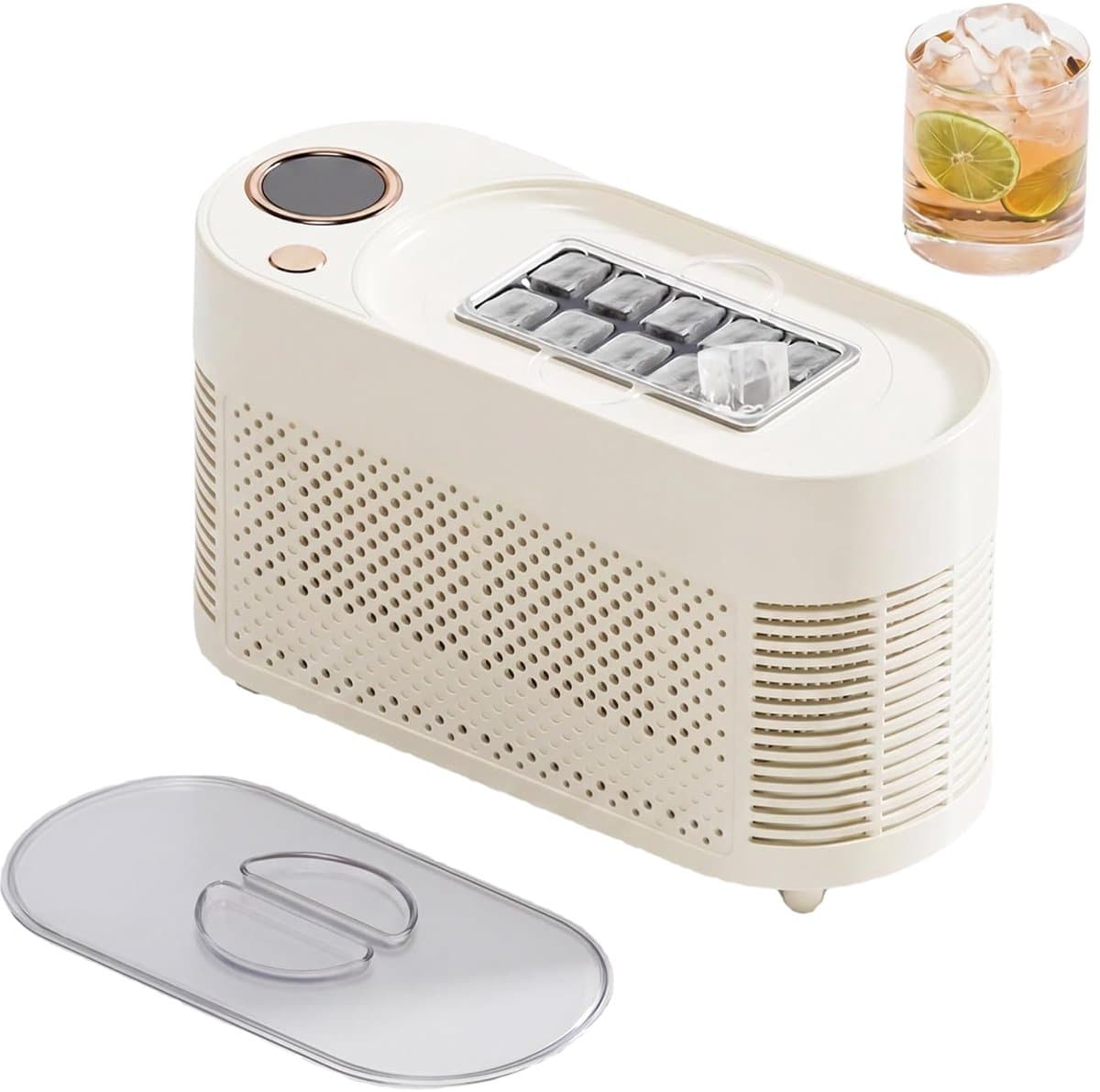 LISM-Draagbare ijsmachine, 12V DC mini-ijsmachine, maakt 10 ijsblokjes in 15-20 minuten, met sigarettenaanstekeraansluiting, geschikt voor op reis en kamperen - gebroken wit.