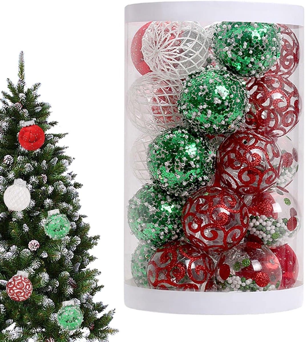 Kerstboom Ballen - Decoratieve Ornamenten - Kerstversiering Huis - Glinsterend Effect - 25 Stuks - Rood Groen Wit