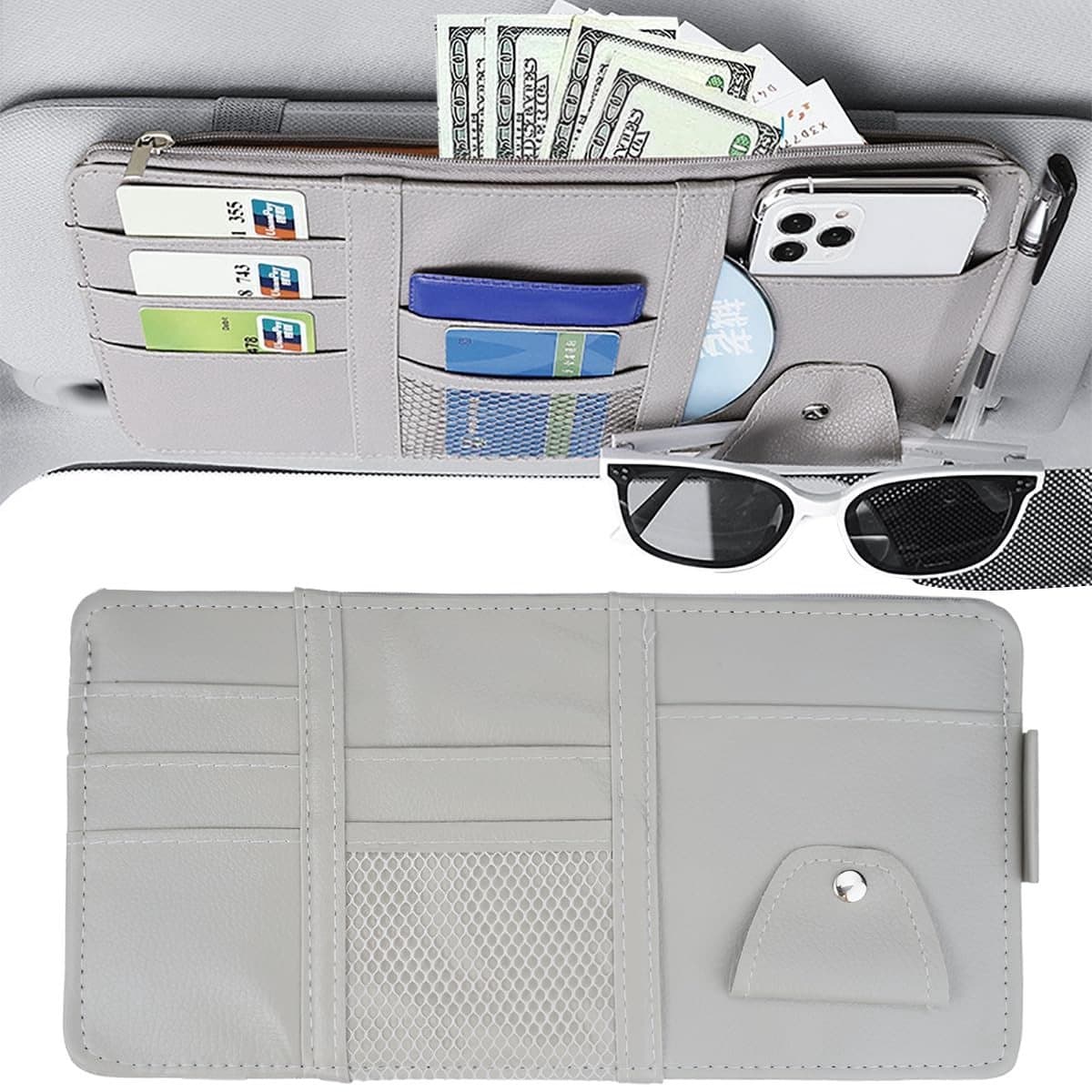 Dailygoods - Auto zonneklep organizer, lederen interieur, 31 x 15,5 cm, zonnebril-organizer, kaarthouder, opbergtas