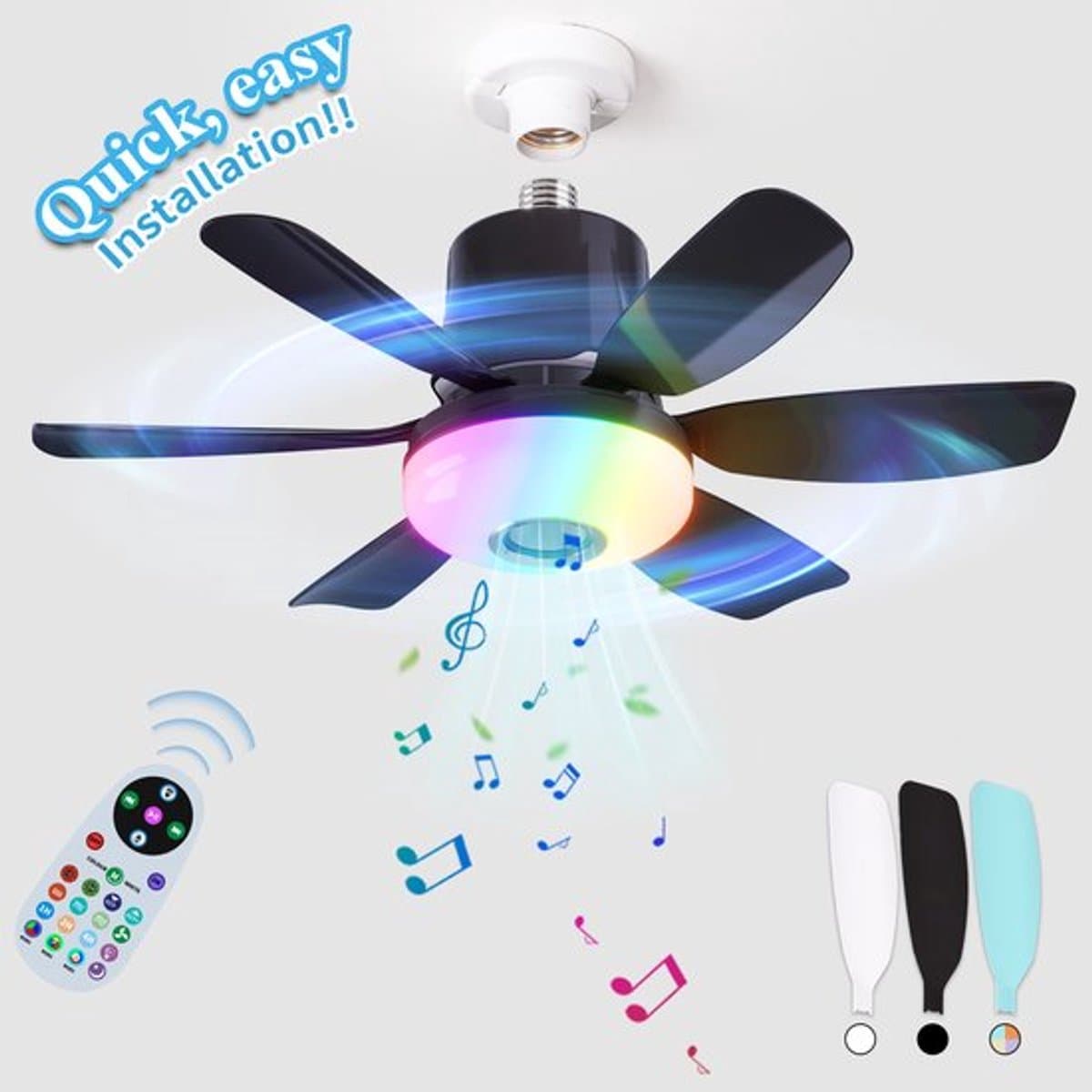 Plafondventilator met verlichting en afstandsbediening met ingebouwde luidspreker - Zwart - Verbeterde RGB-versie - LEC020R - Drie windsnelheden - Kleine plafondventilator met verlichting, geschikt voor slaapkamers en woonkamers - Zwart - 47x18 cm