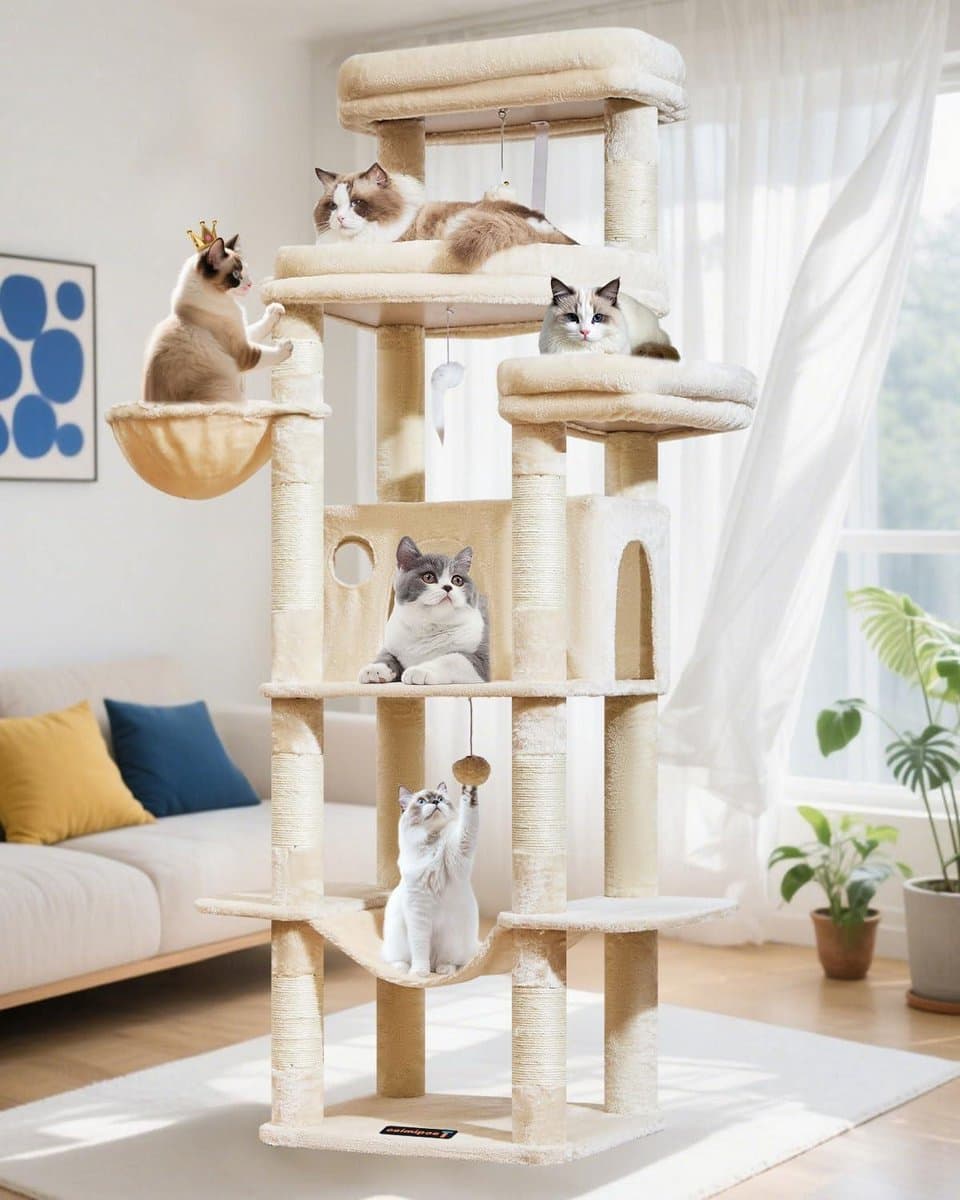 Kattenkrabpaal XXL - Kattenmeubel Speeltoren - Katten Verrijken - Extra Brede Appartementen - 180 cm Hoog - Beige