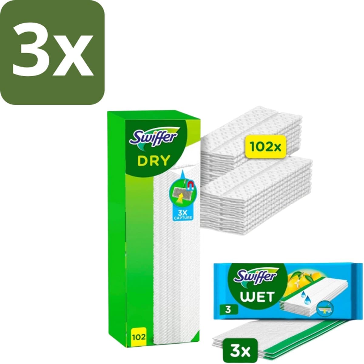 3 x Swiffer – Vloerdoekjes – Dry Navullingen 102 + 3 Vochtige Doekjes - Vloerdoekjes - Reinigen - Stofzuiger - Stof - Haar