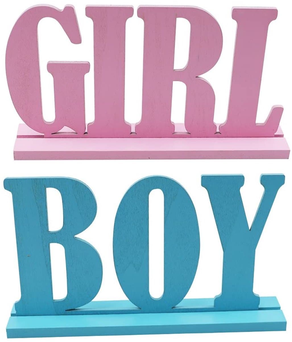 Dailygoods- Tafeldecoratie Houten Bordjes - Gender Reveal - Jongens/Meisjes Letterblokken - Feestdecoratie - Duurzaam Hout - Lichtgewicht en Betrouwbaar